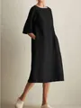 Full view of women's casual black cotton linen dress with pockets and round neck - S / Tops / Black