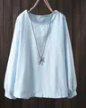 Chemise décontractée à manches longues en coton et lin bleu clair pour femme col rond - S / Hauts / Bleu clair