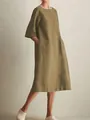 Side view showing the pocket detail of this olive green cotton linen mid-sleeve dress - S / Tops / Khaki