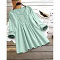 Light green cotton linen pleated long sleeve blouse for women with front button detail - Green