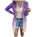 Dettaglio del cardigan a fiori viola di media lunghezza per donna con bottoni - Taglia S / Top / Floreale Astratto Viola-Rosa