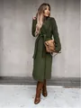 Elegant dark green long wool coat with waist belt and stylish V-neckline for women - Army Green