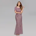 Elegant dusty rose mesh mermaid evening dress featuring sparkling leaf sequin embroidery - S / Bottoms / Lotus root pink