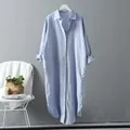 Abito chemisier lungo in cotone e lino azzurro chiaro ampio da donna - Taglia S / Top / Celeste