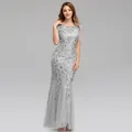 Elegant silver mermaid evening dress with sparkling sequined leaf patterns on mesh fabric - S / Bottoms / Silver