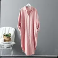 Elegante abito a camicia oversize in cotone e lino rosa da donna con tasche laterali capienti - Taglia S / Top / Rosa