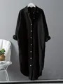 Loose cotton linen long-sleeved shirt dress in solid black with button-down front - Black