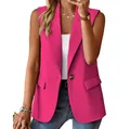 Close-up van een felroze mouwloze blazer-vest voor dames met revers - S / Top (Mouwloos) / Rozerood