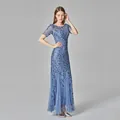 Elegant blue sequined mesh evening gown with slim fit fishtail design for stylish women - S / Bottoms / Light Blue