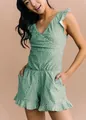 Elegant sleeveless green floral print romper with ruffled wrap V-neck for summer casual wear - Green Floral