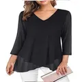 Detailed view of women's black V-neck pullover with stylish asymmetrical hemline - S / Tops / Black