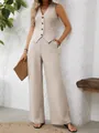 Elegant two-piece set featuring a beige button-up vest and matching wide-leg trousers. - S / Top And Bottom / Khaki