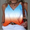 Detail shot of women's V-neck gradient tank top with metal buckles on straps. - S / Tops / Blue Orange