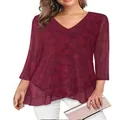 Elegant maroon V-neck top featuring asymmetric layered hem and subtle floral texture detail - S / Tops / Burgundy