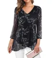 Detail view of a floral V-neck pullover with sheer sleeves and asymmetrical layered hem - S / Tops / Black Print