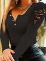 Slim fit black ribbed long sleeve T-shirt with elegant lace hollow sleeve detailing - S / Tops / Black