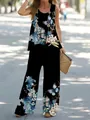 Elegant two-piece summer outfit featuring butterfly print tank top and wide-leg pants - S / Top And Bottom / Black