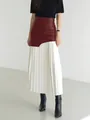 Elegant high-waisted patchwork midi skirt featuring red faux leather and white pleats - S / Bottoms / Red