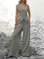 Stylish sage green v-neck vest and wide-leg trousers casual two-piece suit set - S / Top And Bottom / Green