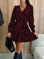 Elegant wine red leopard print wrap dress with puff sleeves and V-neckline for women - S / Red
