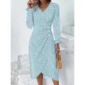 Elegant light blue floral puff sleeve dress with irregular wrap hem and side button detail - S / Light Blue