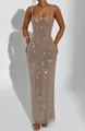 Close-up view showing the intricate sparkling sequin mesh and rhinestone detail of the gold evening gown - XS / Tops / Gold
