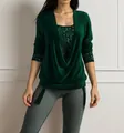 Close-up of women's dark green long sleeve top with sequin detail and draped collar - 3XL / Tops / Green