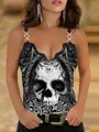2024 women's lace V-neck camisole with gothic skull rose print and chain straps - Ghost Skull (Grayscale Print)