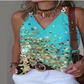 Turquoise V-neck sleeveless tank top with gold buckle straps and shimmering sequin print - Leopard Print