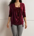 Close-up detail of the sparkling red sequins and cowl neck on this wine red top - 3XL / Tops / Red
