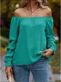 Detail shot of elegant teal off-the-shoulder long sleeve blouse for women's autumn fashion - S / Tops / Lake Blue