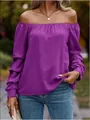 Detail view of purple off-the-shoulder blouse showing textured fabric and boat neck. - S / Tops / Purple