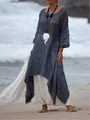 Loose grey cotton linen maxi dress with long sleeves and irregular hem on beach side - S / Dresses / Dark Gray