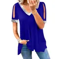 Königsblaues Damen-T-Shirt mit Pailletten-V-Ausschnitt und modischen Cut-Out-Schultern - S / Oberteile / Blau