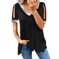 Detailansicht eines schwarzen T-Shirts mit V-Ausschnitt, Paillettenbesatz und Cut-Out-Ärmeln - XL / Oberteile / Schwarz