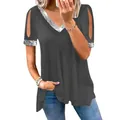 Detailansicht graues V-Ausschnitt T-Shirt mit Cut-Outs und silbernen Pailletten - Grau