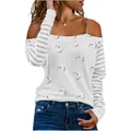 Detail view of off-shoulder white long sleeve T-shirt with heart print and chain strap - S / Tops / White