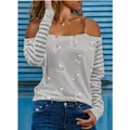 Detail of women's grey heart print off-the-shoulder long sleeve T-shirt with chain strap - S / Tops / Gray