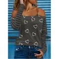 Grey cold-shoulder long sleeve T-shirt with stylish heart print and striped sleeves detail. - S / Tops / Black