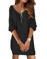 Detailed view of women's black V-neck cable knit dress featuring a front zipper closure. - S / Top And Bottom / Black