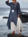 Elegant loose-fitting gray-blue cotton linen maxi dress with long sleeves and asymmetric hem - S / Dresses / Navy Blue