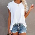 Close-up of a white loose pocket T-shirt with soft fabric texture and casual summer style. - S / Tops / White