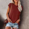 Casual dark red women's round neck T-shirt with pocket and denim shorts outfit - Burgundy
