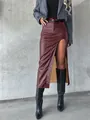 Chic burgundy faux leather midi skirt featuring a high slit and stylish waist belt - 2XL / Bottoms / Red