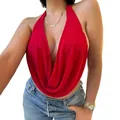 Top halter sexy rosso alla moda con profondo scollo a V e design schiena scoperta - Taglia S / Top / Rosso