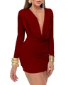 Detailed front view of a dark red cowl neck deep V-neck long sleeve ruched mini dress. - S / Dresses / Burgundy