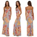 Elegant slim fit mesh maxi slip dress with floral and leopard print pattern for women - S / Orange Red