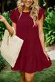Burgundy ruffle sleeve tiered mini dress for women shown in a sunny garden setting - S / Top And Bottom / Burgundy