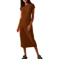 Short sleeve bodycon midi dress in coffee brown with soft stretch fabric for women - S / Top And Bottom / Brown