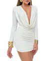 Detailed view of white long sleeve cowl neck deep V mini bodycon dress with pleats - S / Dresses / White